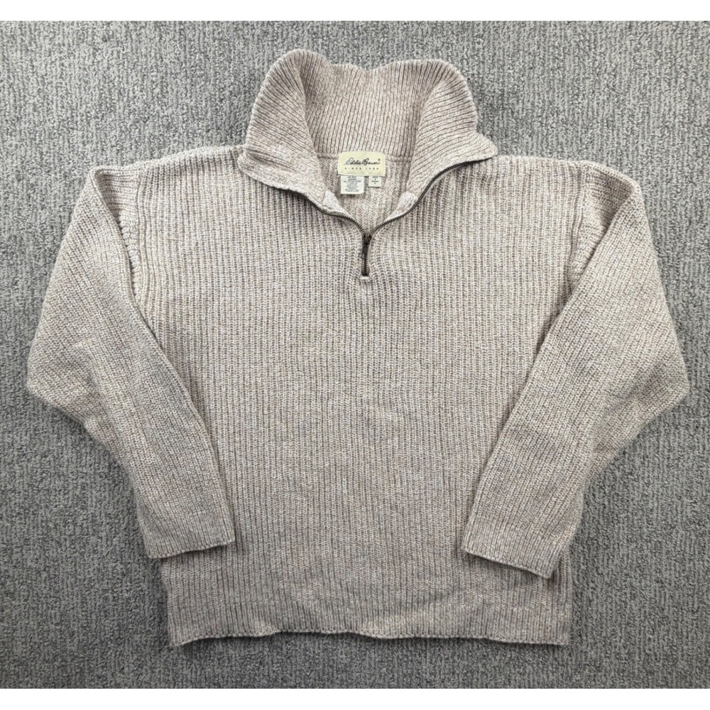 Eddie Bauer Quarter Zip Sweater Mens S Beige Knit Cotton Blend Vintage USA Made